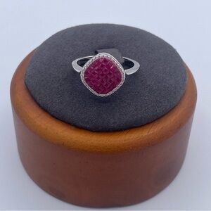 D’Joy Sterling Silver Simulated Ruby Ring Mosaic Halo Ring in Rhodium plating